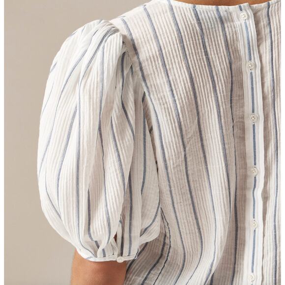 J.Crew Puff Sleeve Top Sheer Gauze Cotton Striped Lightweight Ivory XL NWT - Picture 3 of 13